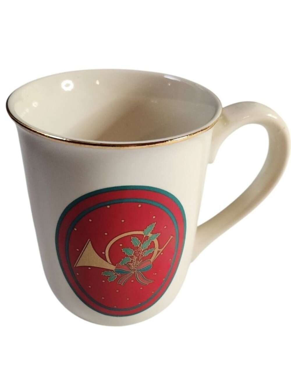 Holiday mug Vtg Hallmark Christmas coffee tea cup Horn Holly Ceramic gift 80s